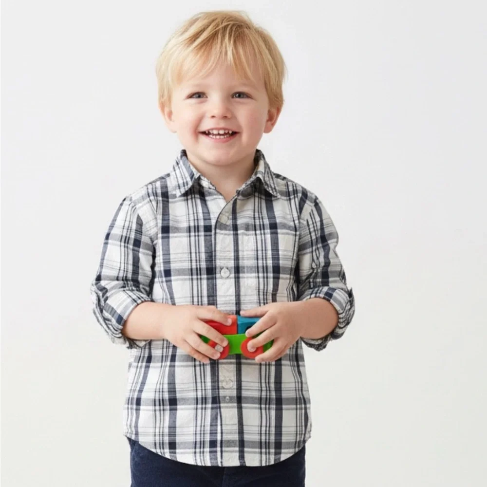 Children’s Place Navy White Plaid Cotton Button Down Shirt 3T